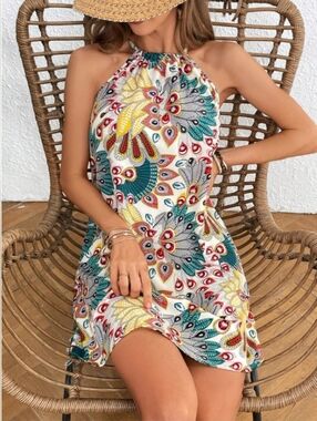 Halter-Neck Printed Spring Summer Dress in Multi-Color- Full & Plus Sizes